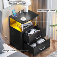 Sikaic Nightstand LED 2 Drawers Nightstand with Charging Station Open Storage 2 USB Ports 2 Outlets Black
