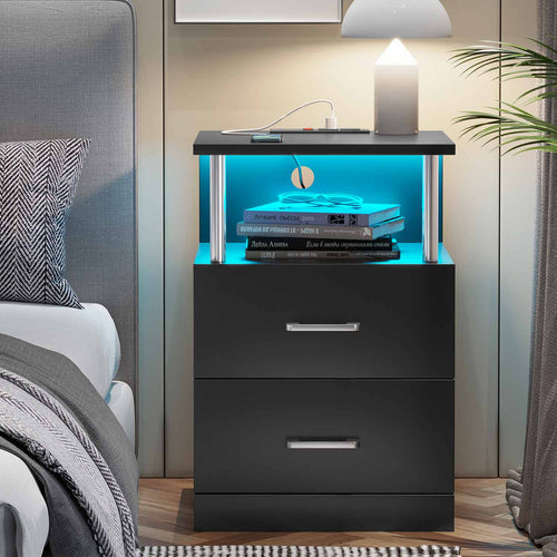 Sikaic Nightstand LED 2 Drawers Nightstand with Charging Station Open Storage 2 USB Ports 2 Outlets Black