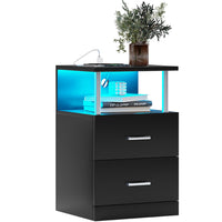 Sikaic Nightstand LED 2 Drawers Nightstand with Charging Station Open Storage 2 USB Ports 2 Outlets Black