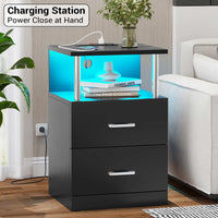 Sikaic Nightstand LED 2 Drawers Nightstand with Charging Station Open Storage 2 USB Ports 2 Outlets Black