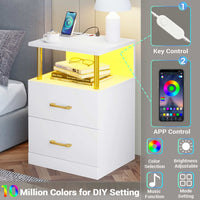 Sikaic Nightstand LED 2 Drawers Nightstand with Charging Station Open Storage 2 USB Ports 2 Outlets White