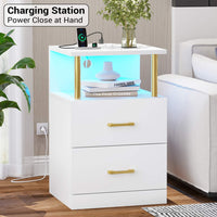 Sikaic Nightstand LED 2 Drawers Nightstand with Charging Station Open Storage 2 USB Ports 2 Outlets White
