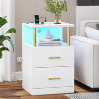 Sikaic Nightstand LED 2 Drawers Nightstand with Charging Station Open Storage 2 USB Ports 2 Outlets White