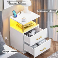 Sikaic Nightstand LED 2 Drawers Nightstand with Charging Station Open Storage 2 USB Ports 2 Outlets White