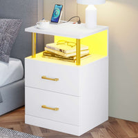 Sikaic Nightstand LED 2 Drawers Nightstand with Charging Station Open Storage 2 USB Ports 2 Outlets White