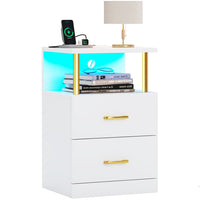 Sikaic Nightstand LED 2 Drawers Nightstand with Charging Station Open Storage 2 USB Ports 2 Outlets White