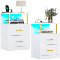 Sikaic Nightstand LED 2 Drawers Nightstand with Charging Station Open Storage 2 USB Ports 2 Outlets White