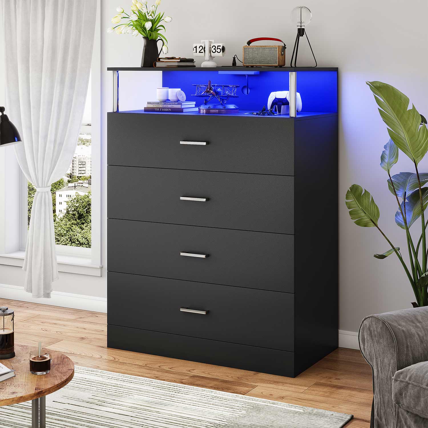 Sikaic Drawers Led Tall Dresser with Charging Station Black