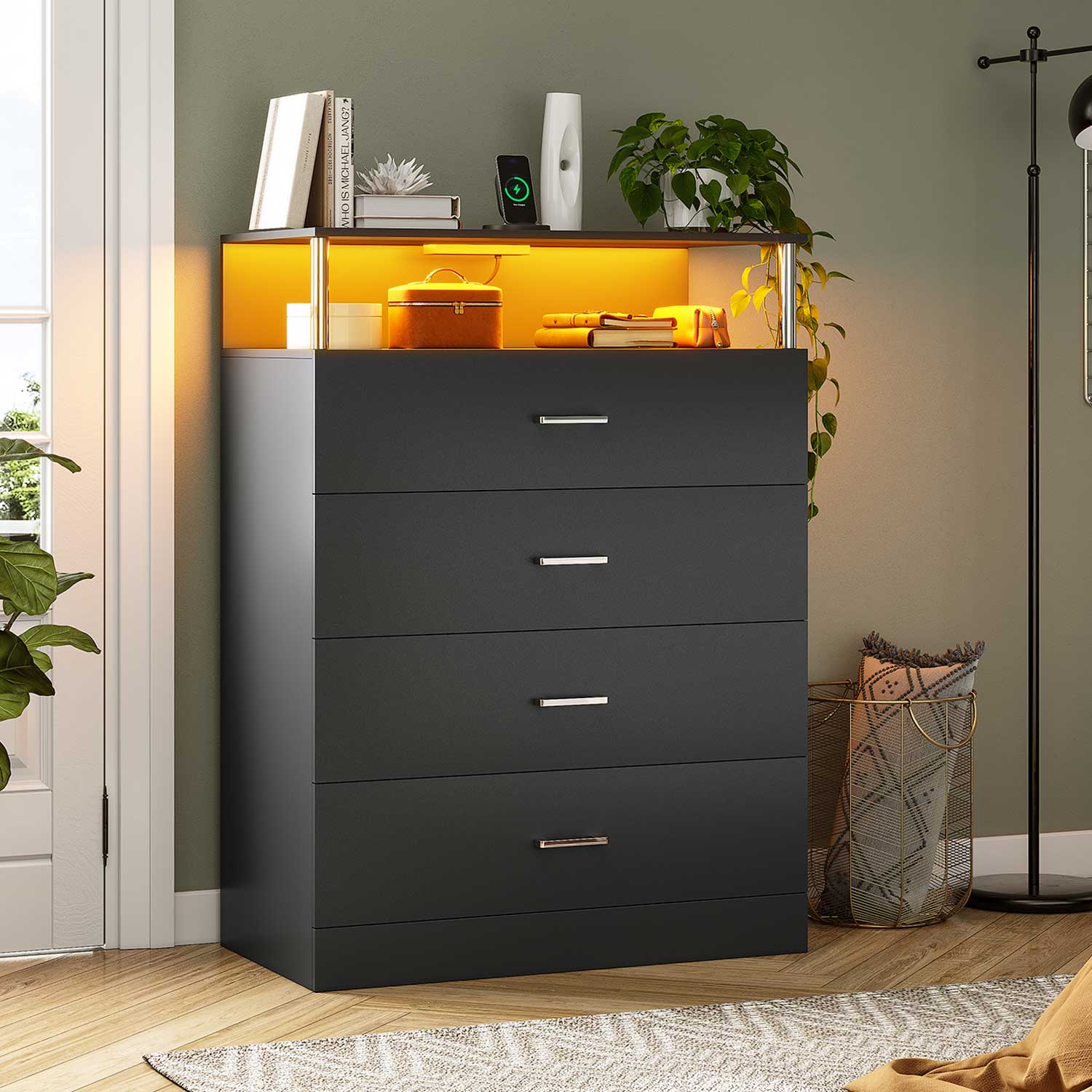Sikaic Drawers Led Tall Dresser with Charging Station Black