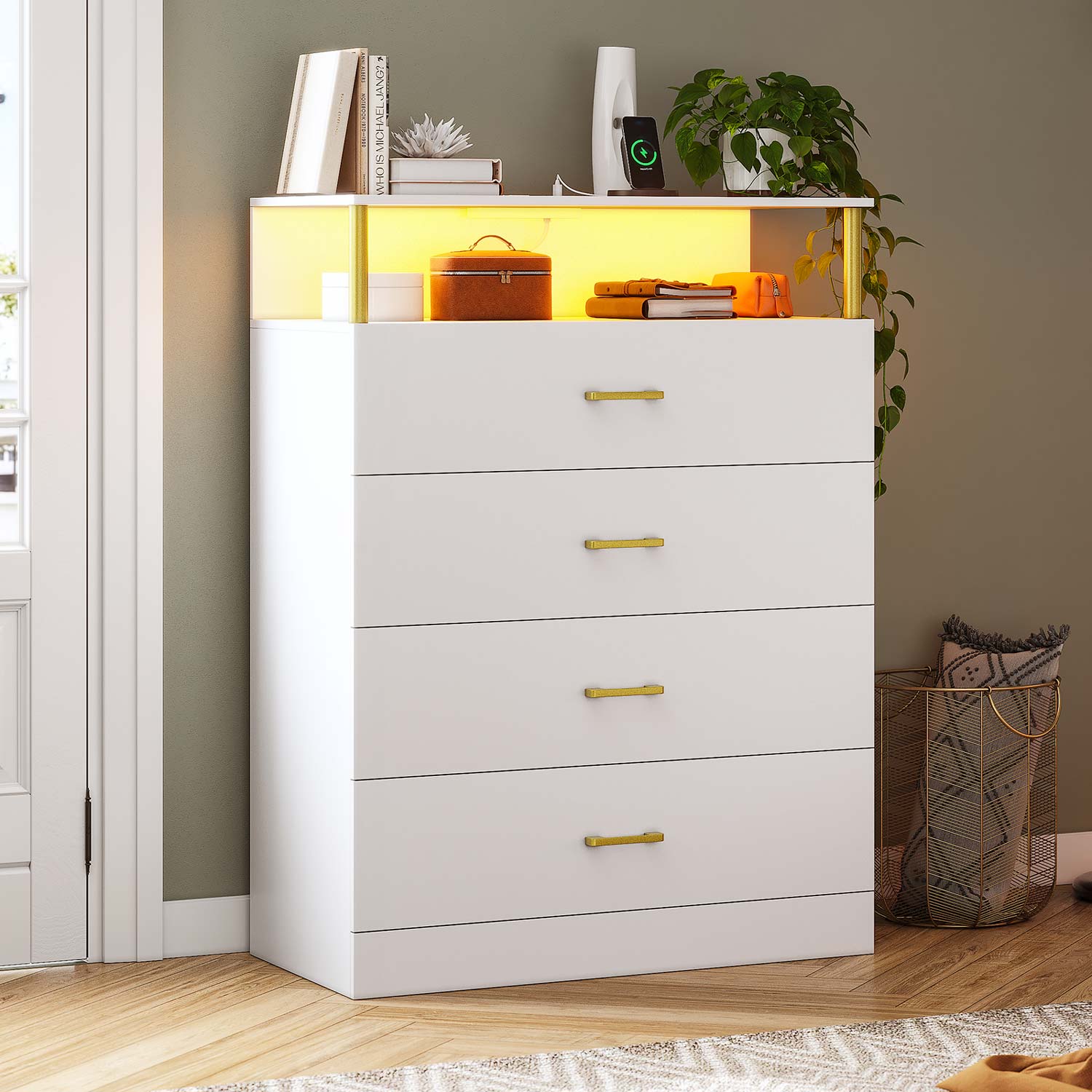 Sikaic Drawers Led Tall Dresser with Charging Station White Sikaic Drawers Led Tall Dresser with Charging Station White