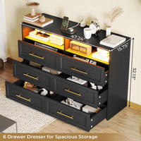Sikaic Dresser 6 Drawers LED Lights Wide Storage Dresser with Charging Station for Closet Bedroom Living Room Open Storage Cubby Black