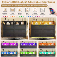 Sikaic Dresser 6 Drawers LED Lights Wide Storage Dresser with Charging Station for Closet Bedroom Living Room Open Storage Cubby Black