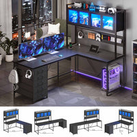 Sikaic Computer Desk LED L Shaped Computer Desk 62 inches Reversible L Shaped Desk with Storage Drawers Hutch and Pegboard with Power Outlet for Home Office Black