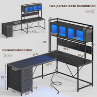 Sikaic Computer Desk LED L Shaped Computer Desk 62 inches Reversible L Shaped Desk with Storage Drawers Hutch and Pegboard with Power Outlet for Home Office Black