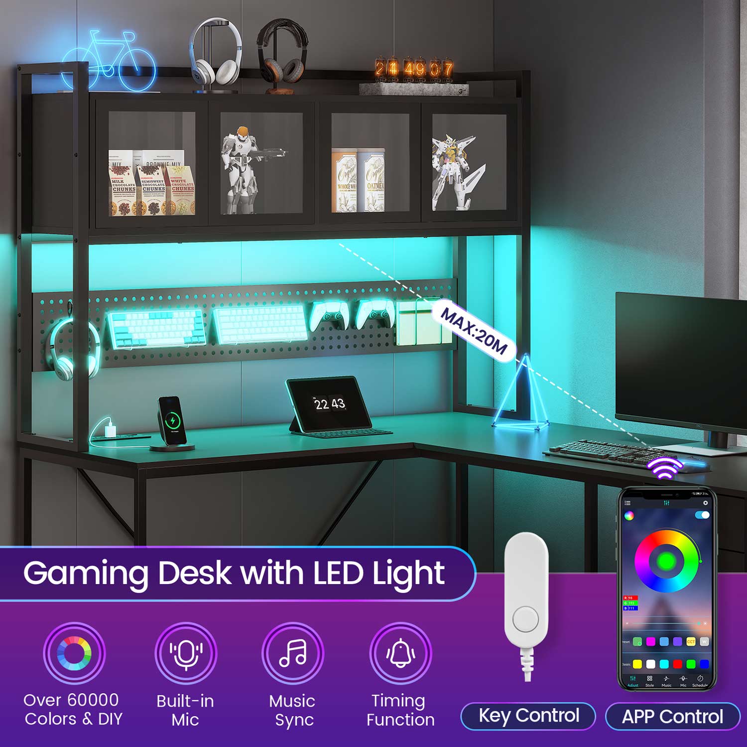 SEDETA L Shaped Gaming Desk, Reversible Computer Desk with Fabric Drawers and Power Outlet, Gaming Desk with Led Lights, Hutch and Storage Shelf for Home Office, Grey SEDETA L Shaped Gaming Desk, Reversible Computer Desk with Fabric Drawers and Power Outlet, Gaming Desk with Led Lights, Hutch and Storage Shelf for Home Office, Grey