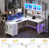 Sikaic Computer Desk LED L Shaped Computer Desk 62 inches Reversible L Shaped Desk with Storage Drawers Hutch and Pegboard with Power Outlet for Home Office White