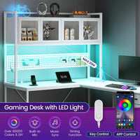 Sikaic Computer Desk LED L Shaped Computer Desk 62 inches Reversible L Shaped Desk with Storage Drawers Hutch and Pegboard with Power Outlet for Home Office White