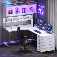 Sikaic Computer Desk 62 Inches LED Reversible L Shaped Gaming Desk With Power Outlet Storage Drawers Hutch and Pegboard White