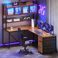 Sikaic Gaming Desk 62 Inches LED Reversible L Shaped Gaming Desk With Power Outlet Storage Drawers Hutch and Pegboard Brown
