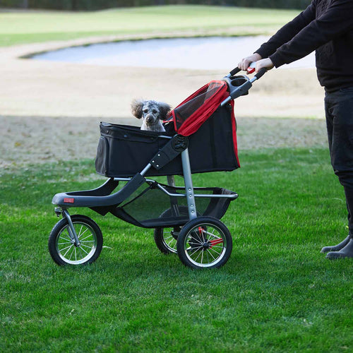 Sikaic Pet Stroller Pet Stroller For Small Medium Dogs & Cats 3-Wheel Foldable System Black Red