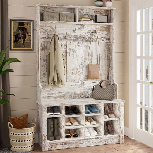 Sikaic Hall Tree Hall Tree with Storage 3-in-1 Entryway Bench Embossed Vintage White