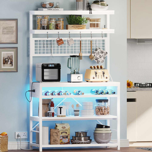 Sikaic Bakers Rack LED Bakers Rack with Power Outlet Storage White