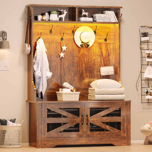 Sikaic Hall Tree 5-in-1 Hall Tree with Bench and Shoe Storage Rustic Brown