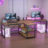 Sikaic Gaming Desk 94.5 Inches T Shaped 2 Person Modern Gaming Desk with Storage LED Lights Keyboard Tray Rustic Brown