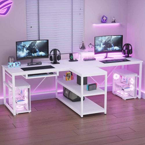 Sikaic Gaming Desk 94.5 Inches T Shaped 2 Person Modern LED Lights Gaming Desk with Storage White