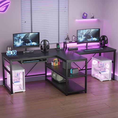 Sikaic Gaming Desk Sikaic 94.5 Inches T Shaped 2 Person Modern Gaming Desk Computer Furniture with Storage LED Lights Black