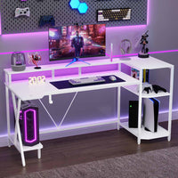 Sikaic Gaming Desk 70.8 Inches Large PC Gamer Gaming Desk with LED Lights Storage Shelves Monitor Stand Power Outlets and Cup Holder White