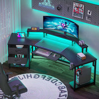 Sikaic Gaming Desk 79 Inches Wing Shaped LED Gaming Desk with 2 Fabric Drawers Storage Shelf Black