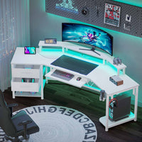 Sikaic Gaming Desk 79 Inches Wing Shaped Carbon Fiber Gaming Desk with 2 Fabric Drawers LED Light Storage Shelf White