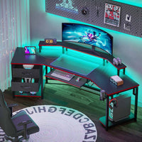 Sikaic Gaming Desk 79 Inches Wing Shaped LED Gaming Desk with 2 Fabric Drawers Storage Shelf Black&Red