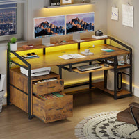 Sikaic Gaming Desk 63 Inches Gaming Desk with LED Light Drawers Rustic Brown