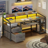Sikaic Gaming Desk 63 Inches Gaming Desk with LED Light Drawers Grey