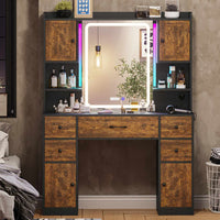 Sikaic Makeup Vanity LED Makeup Vanity With Outlet Smart Mirror Drawers Vintage Brown