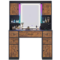 Sikaic Makeup Vanity LED Makeup Vanity With Outlet Smart Mirror Drawers Vintage Brown