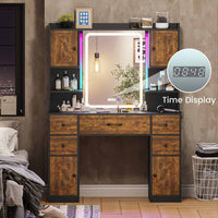 Sikaic Makeup Vanity LED Makeup Vanity With Outlet Smart Mirror Drawers Vintage Brown