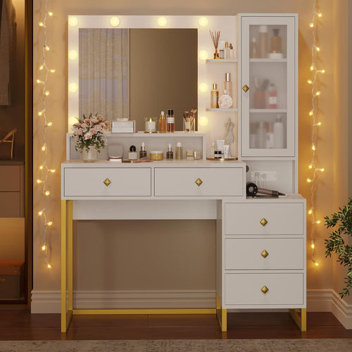 Sikaic Makeup Vanity LED Makeup Vanity With Outlet Nightstand Drawers White & Gold