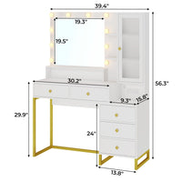Sikaic Makeup Vanity LED Makeup Vanity With Outlet Nightstand Drawers White & Gold