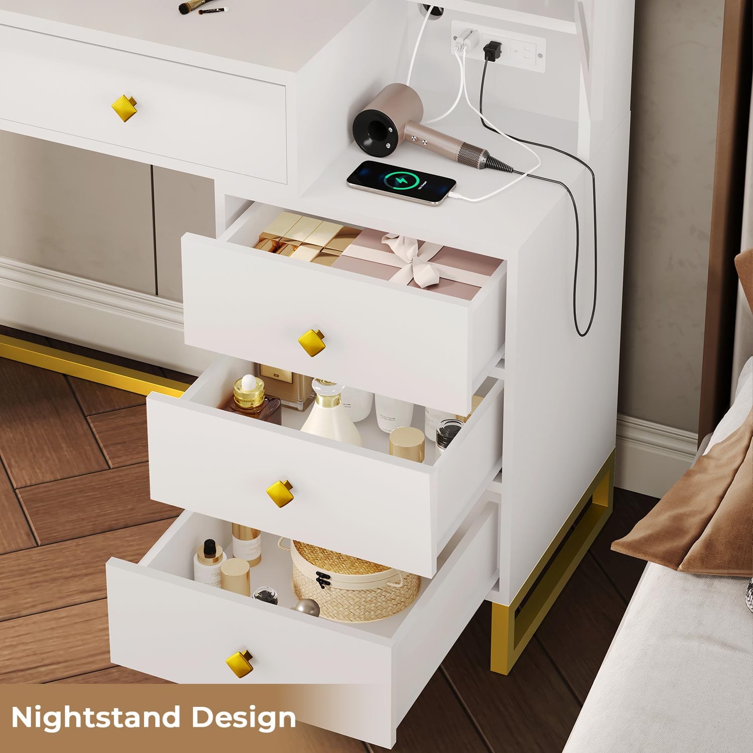 Makeup Vanity Desk with Hollywood Mirror 5 Drawers White Gold Modern - Sikaic - Dressing Table Makeup Vanity Desk with Hollywood Mirror 5 Drawers White Gold Modern - Sikaic - Dressing Table