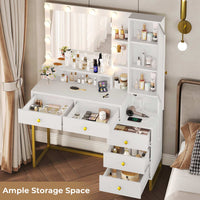 Sikaic Makeup Vanity LED Makeup Vanity With Outlet Nightstand Drawers White & Gold
