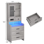 Sikaic Nightstand LED Tall Nightstand with Charging Station Drawers Shelves Glass Door Storage Grey