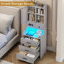 Sikaic Nightstand LED Tall Nightstand with Charging Station Drawers Shelves Glass Door Storage Grey