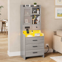 Sikaic Nightstand LED Tall Nightstand with Charging Station Drawers Shelves Glass Door Storage Grey
