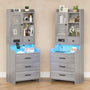 Sikaic Nightstand LED Tall Nightstand with Charging Station Drawers Shelves Glass Door Storage Grey