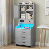 Sikaic Nightstand LED Tall Nightstand with Charging Station Drawers Shelves Glass Door Storage Grey
