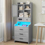 Sikaic Nightstand LED Tall Nightstand with Charging Station Drawers Shelves Glass Door Storage Grey