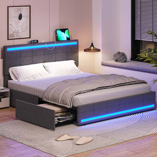 Sikaic Bed Frame LED Bed Frame With Storage Charging Outlets Dark Grey